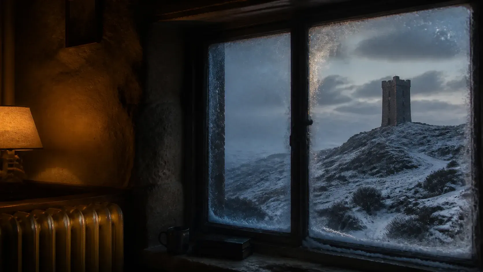 Warm home interior looking out across a snowy winter landscape