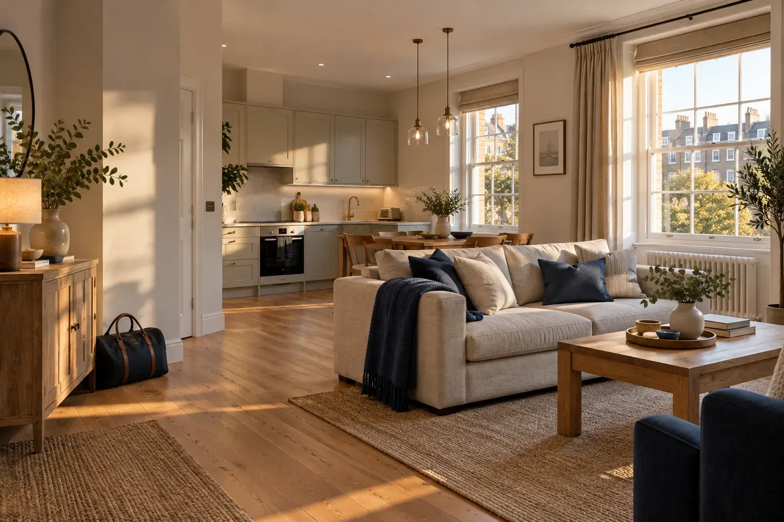 Illustrative short-let apartment with a welcoming living area, kitchen and radiator